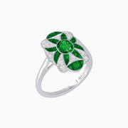 Vintage Floral Ring Mounting with Oval Center Stone, Calibre-Cut Gemstone Accents and Diamond Details - Shahin Jewelry